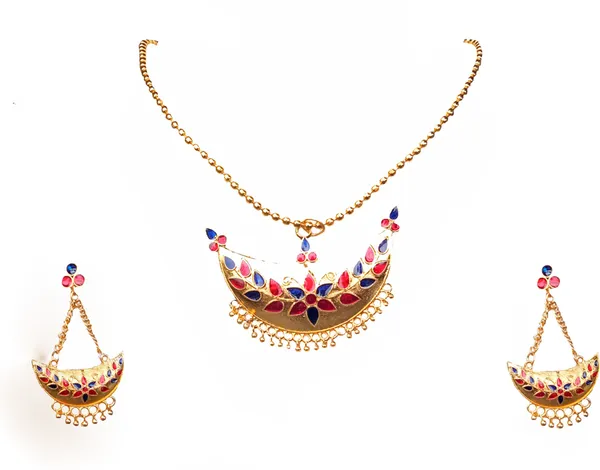 Assamese_Traditional_Gold_Plated_Red_Blue_Colour_Joonbiri_Chain_Jewellery_Set_For_Women